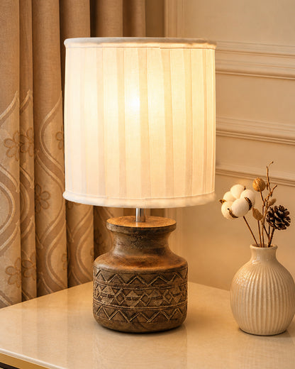 Wood Table Lamp, Modern Base Fabric Lampshade for Home Office Cafe Restaurant, Carved Pot