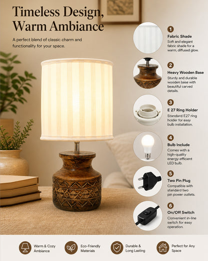 Wood Table Lamp, Modern Base Fabric Lampshade for Home Office Cafe Restaurant, Carved Pot