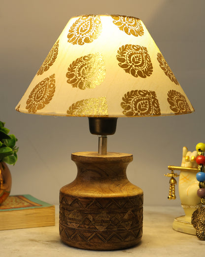 Wood Table Lamp, Modern Base Fabric Lampshade for Home Office Cafe Restaurant, Carved Pot