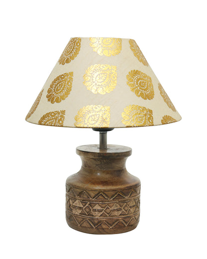 Wood Table Lamp, Modern Base Fabric Lampshade for Home Office Cafe Restaurant, Carved Pot