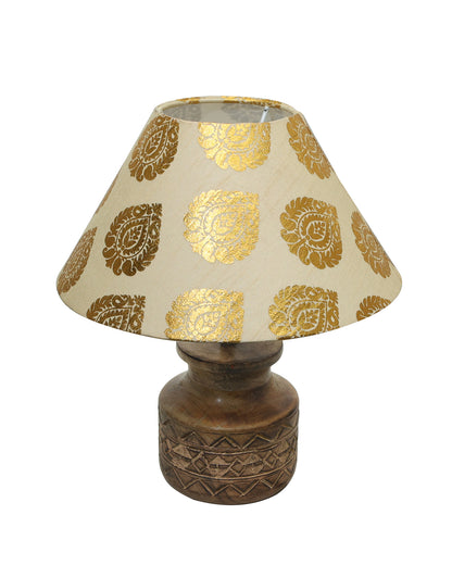 Wood Table Lamp, Modern Base Fabric Lampshade for Home Office Cafe Restaurant, Carved Pot