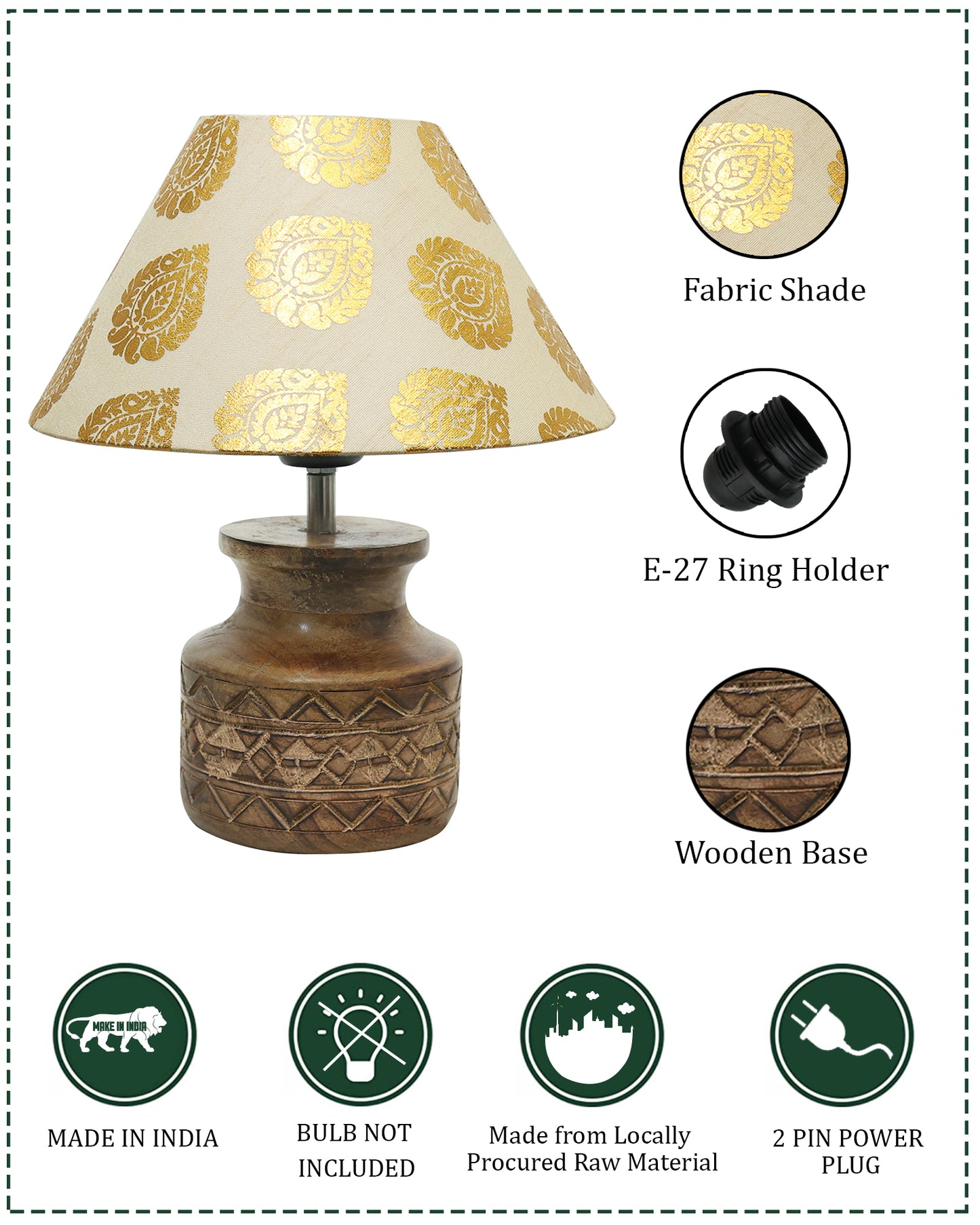 Wood Table Lamp, Modern Base Fabric Lampshade for Home Office Cafe Restaurant, Carved Pot