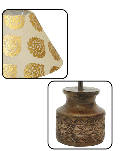 Wood Table Lamp, Modern Base Fabric Lampshade for Home Office Cafe Restaurant, Carved Pot