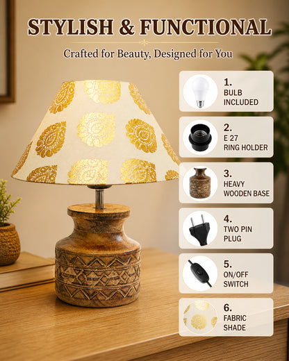 Wood Table Lamp, Modern Base Fabric Lampshade for Home Office Cafe Restaurant, Carved Pot