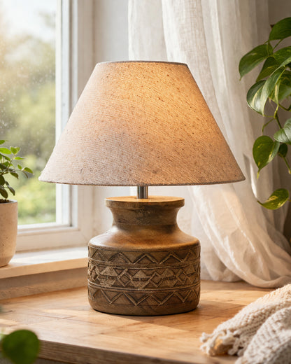 Wood Table Lamp, Modern Base Fabric Lampshade for Home Office Cafe Restaurant, Carved Pot, White Jute
