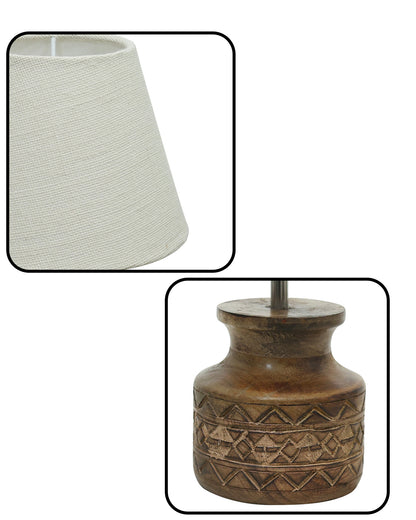 Wood Table Lamp, Modern Base Fabric Lampshade for Home Office Cafe Restaurant, Carved Pot, White Jute