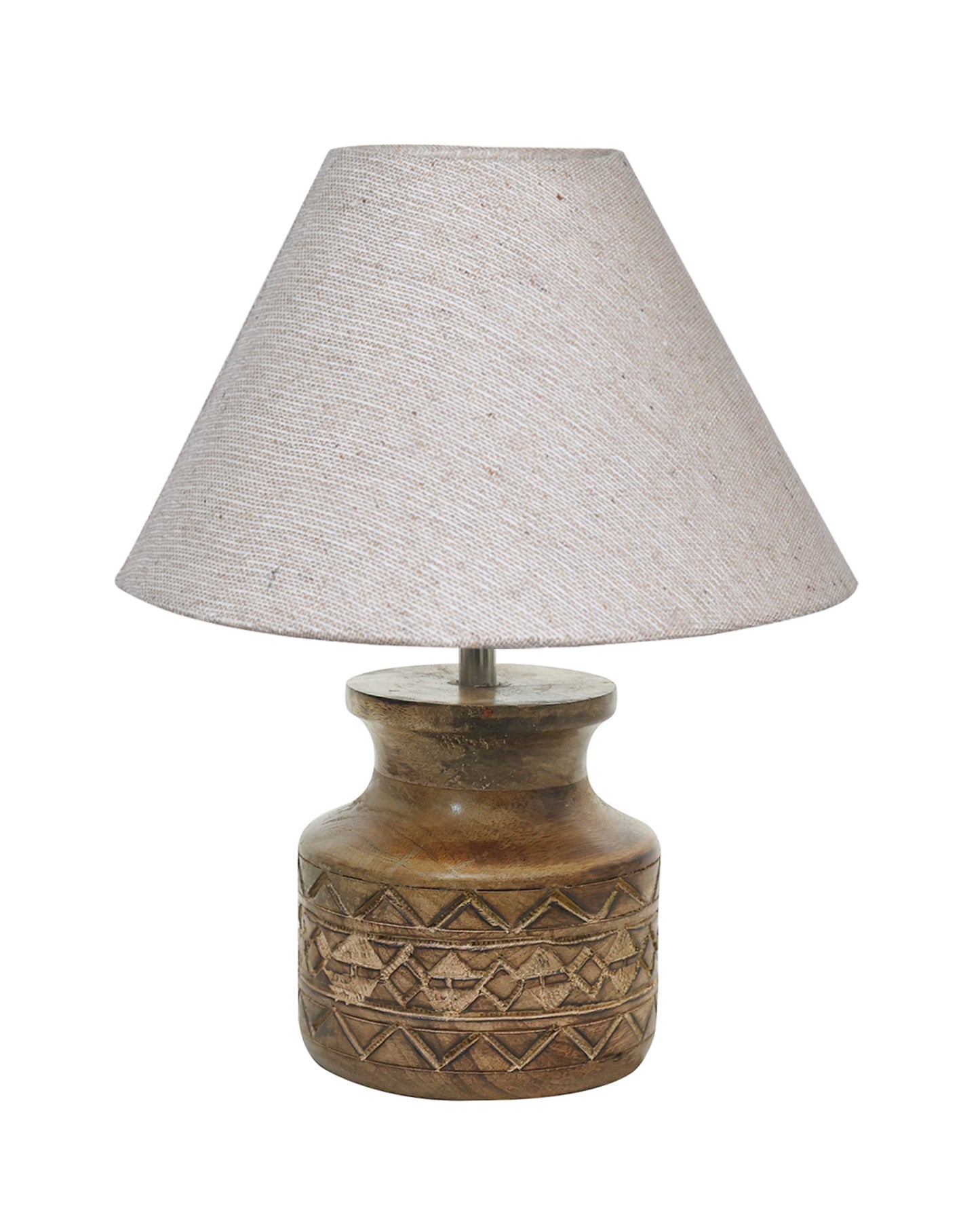 Wood Table Lamp, Modern Base Fabric Lampshade for Home Office Cafe Restaurant, Carved Pot, White Jute