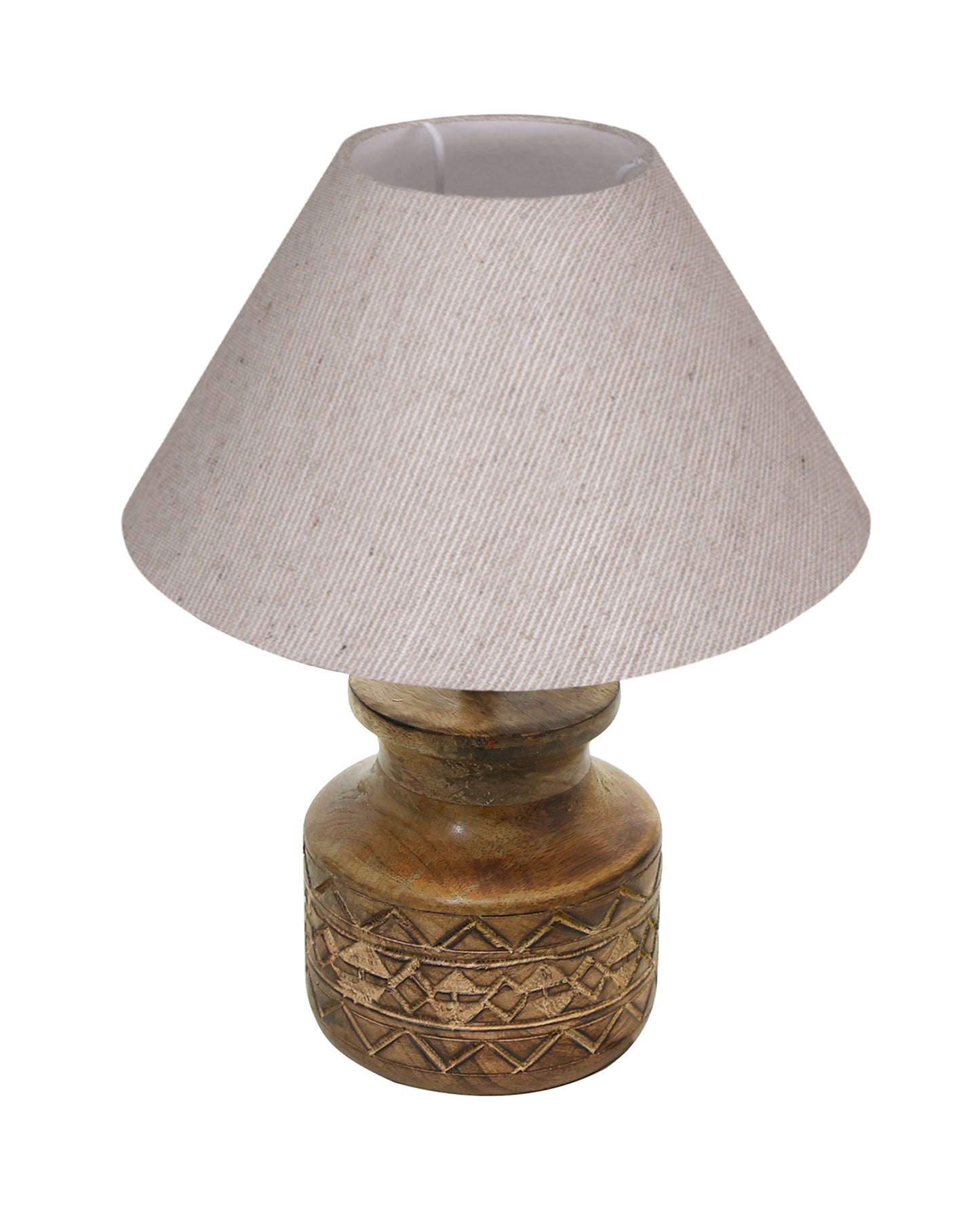 Wood Table Lamp, Modern Base Fabric Lampshade for Home Office Cafe Restaurant, Carved Pot, White Jute