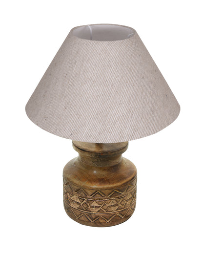 Wood Table Lamp, Modern Base Fabric Lampshade for Home Office Cafe Restaurant, Carved Pot, White Jute