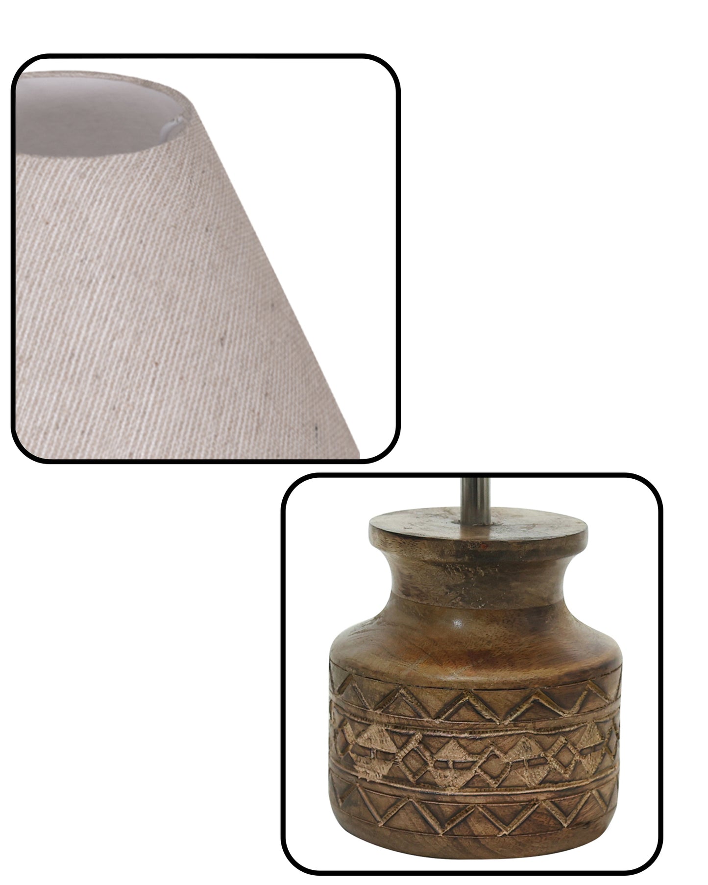 Wood Table Lamp, Modern Base Fabric Lampshade for Home Office Cafe Restaurant, Carved Pot, White Jute