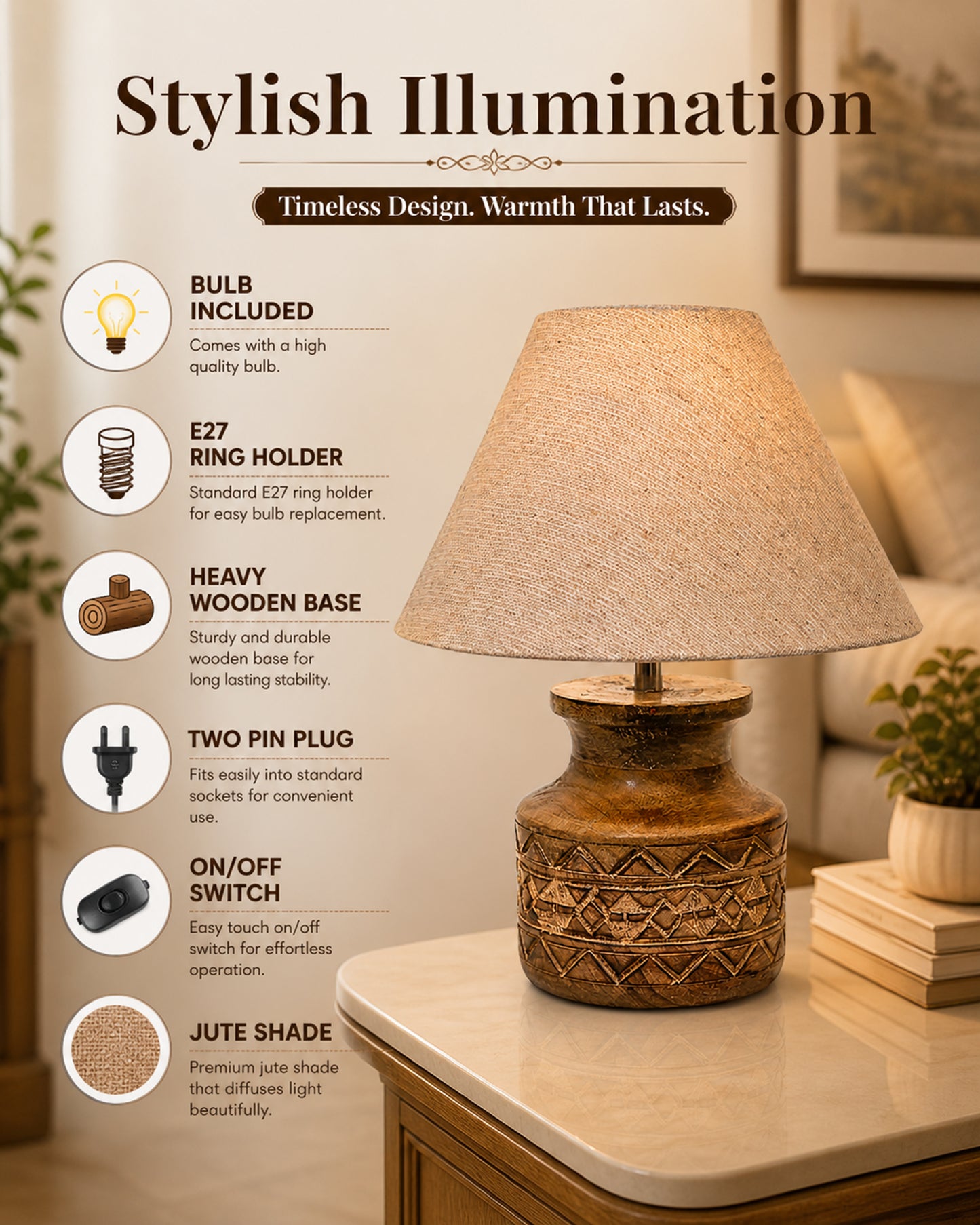 Wood Table Lamp, Modern Base Fabric Lampshade for Home Office Cafe Restaurant, Carved Pot, White Jute