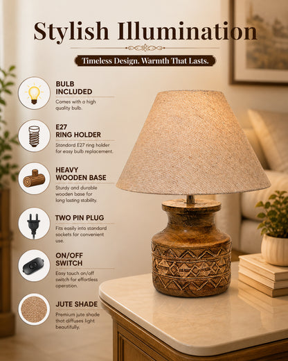 Wood Table Lamp, Modern Base Fabric Lampshade for Home Office Cafe Restaurant, Carved Pot, White Jute