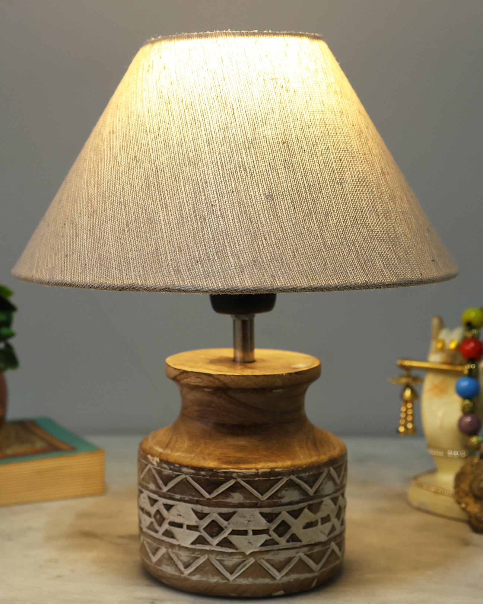 Wood Table Lamp, Modern Base Fabric Lampshade for Home Office Cafe Restaurant, Whitewash Pot