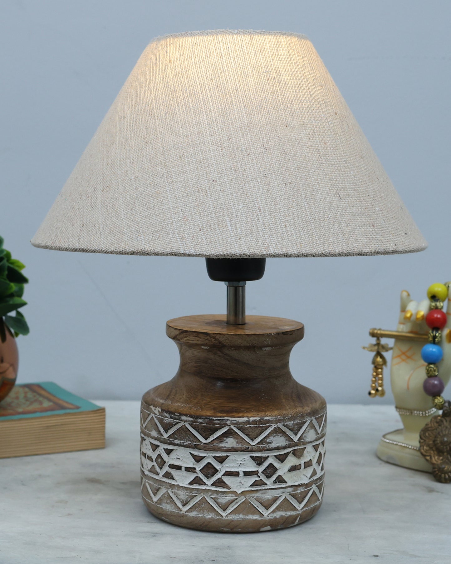 Wood Table Lamp, Modern Base Fabric Lampshade for Home Office Cafe Restaurant, Whitewash Pot