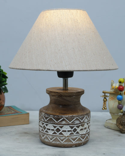 Wood Table Lamp, Modern Base Fabric Lampshade for Home Office Cafe Restaurant, Whitewash Pot