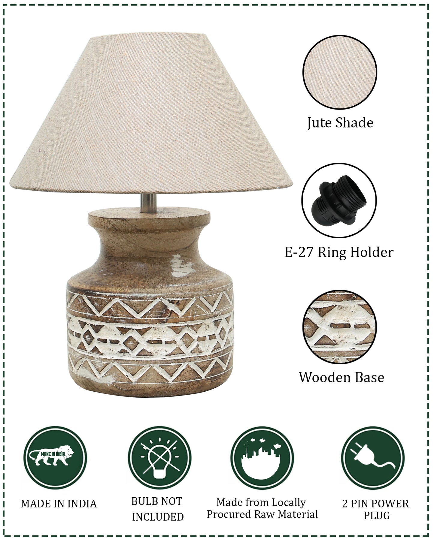 Wood Table Lamp, Modern Base Fabric Lampshade for Home Office Cafe Restaurant, Whitewash Pot
