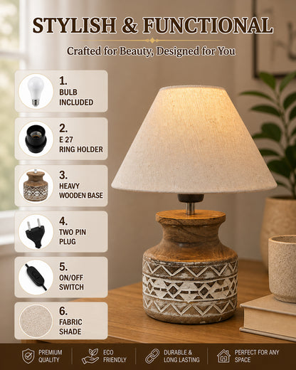 Wood Table Lamp, Modern Base Fabric Lampshade for Home Office Cafe Restaurant, Whitewash Pot