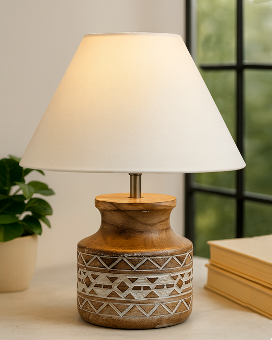 Wood Table Lamp, Modern Base Fabric Lampshade for Home Office Cafe Restaurant, Whitewash Pot