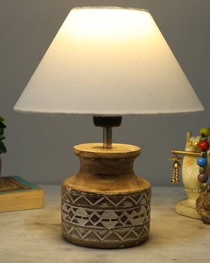 Wood Table Lamp, Modern Base Fabric Lampshade for Home Office Cafe Restaurant, Whitewash Pot
