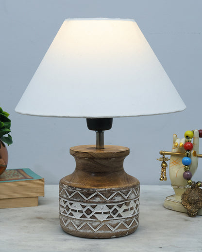 Wood Table Lamp, Modern Base Fabric Lampshade for Home Office Cafe Restaurant, Whitewash Pot
