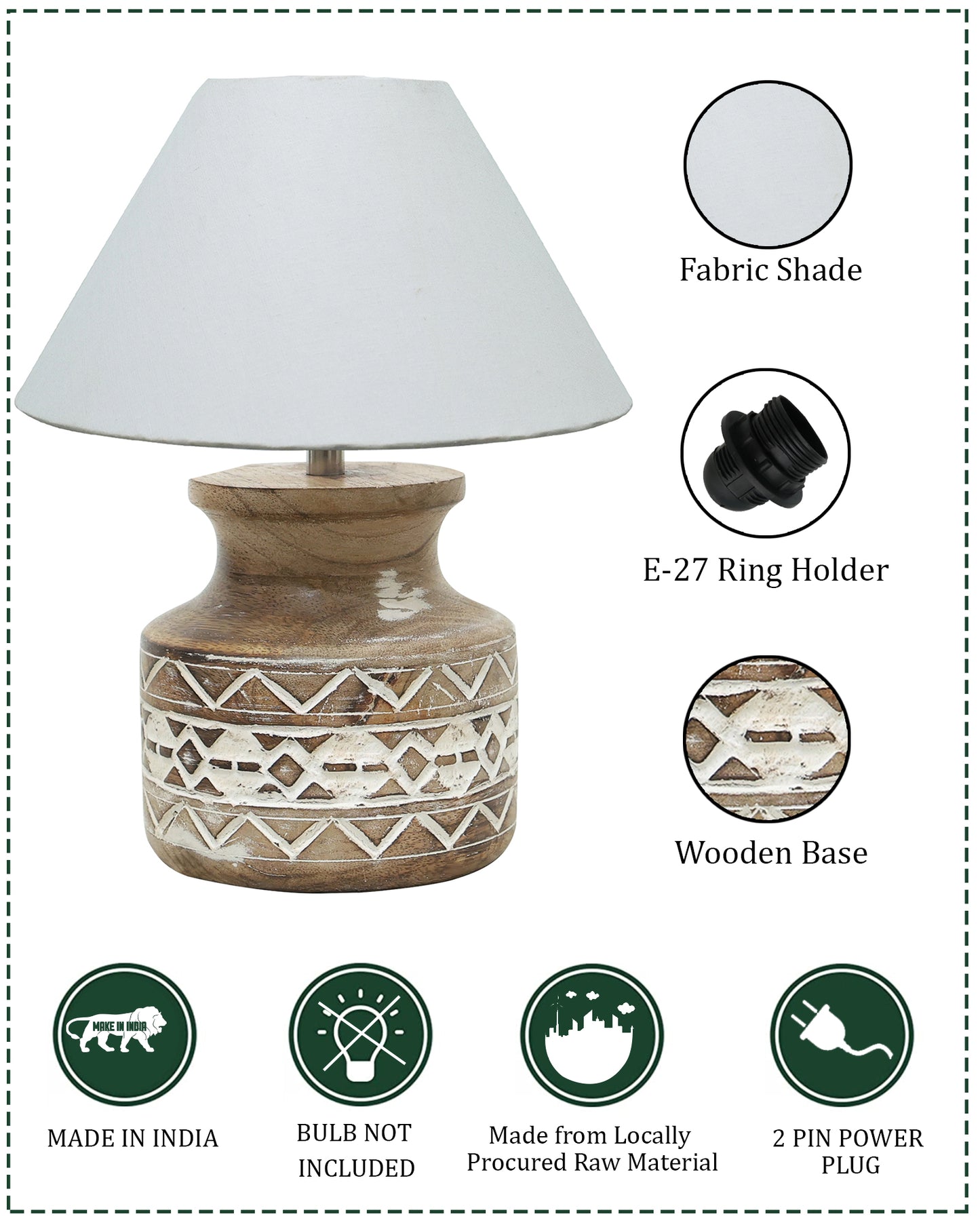 Wood Table Lamp, Modern Base Fabric Lampshade for Home Office Cafe Restaurant, Whitewash Pot