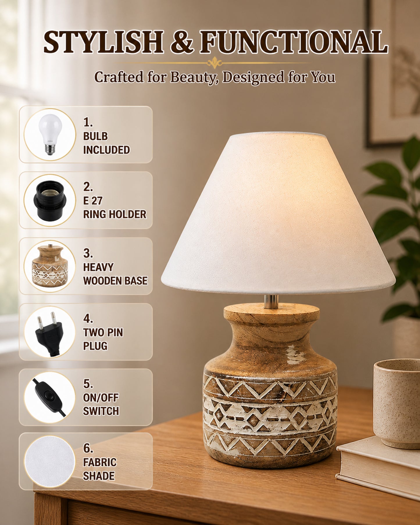 Wood Table Lamp, Modern Base Fabric Lampshade for Home Office Cafe Restaurant, Whitewash Pot