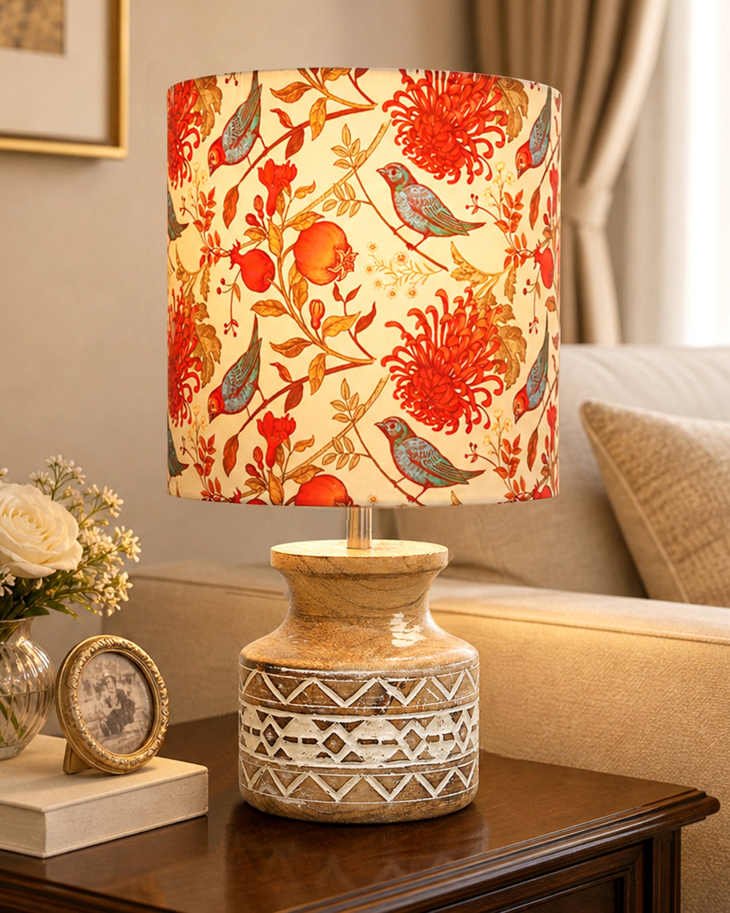 Wood Table Lamp, Modern Base Fabric Lampshade for Home Office Cafe Restaurant, Whitewash Pot