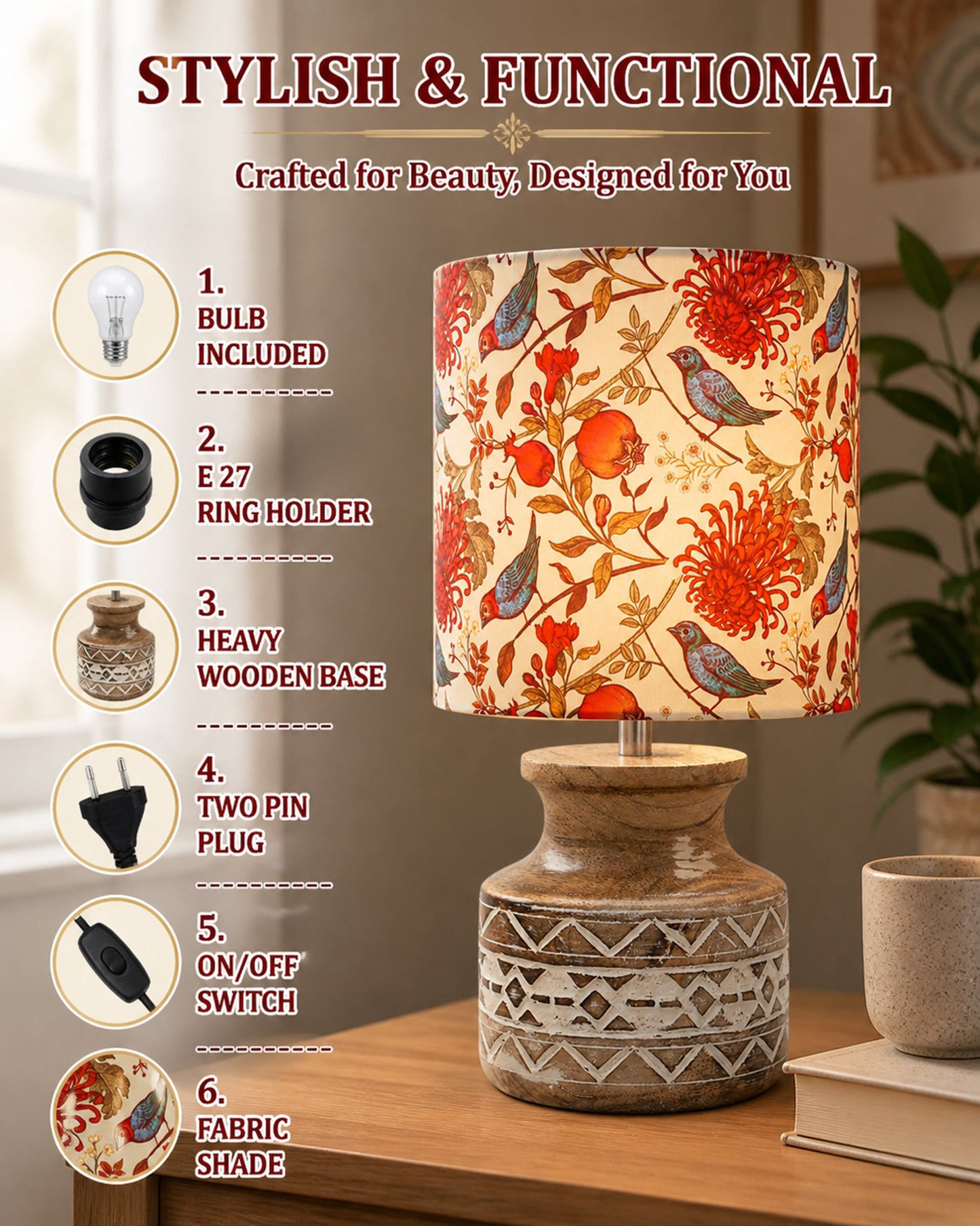 Wood Table Lamp, Modern Base Fabric Lampshade for Home Office Cafe Restaurant, Whitewash Pot
