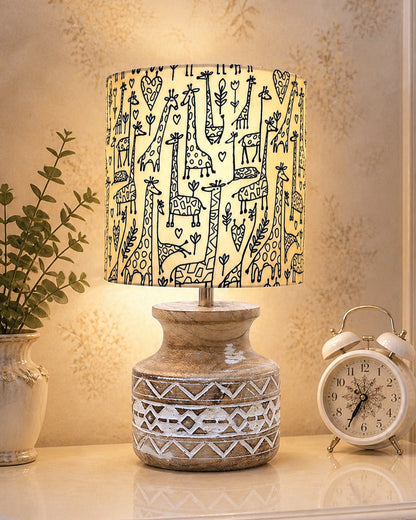 Wood Table Lamp, Modern Base Fabric Lampshade for Home Office Cafe Restaurant, Whitewash Pot