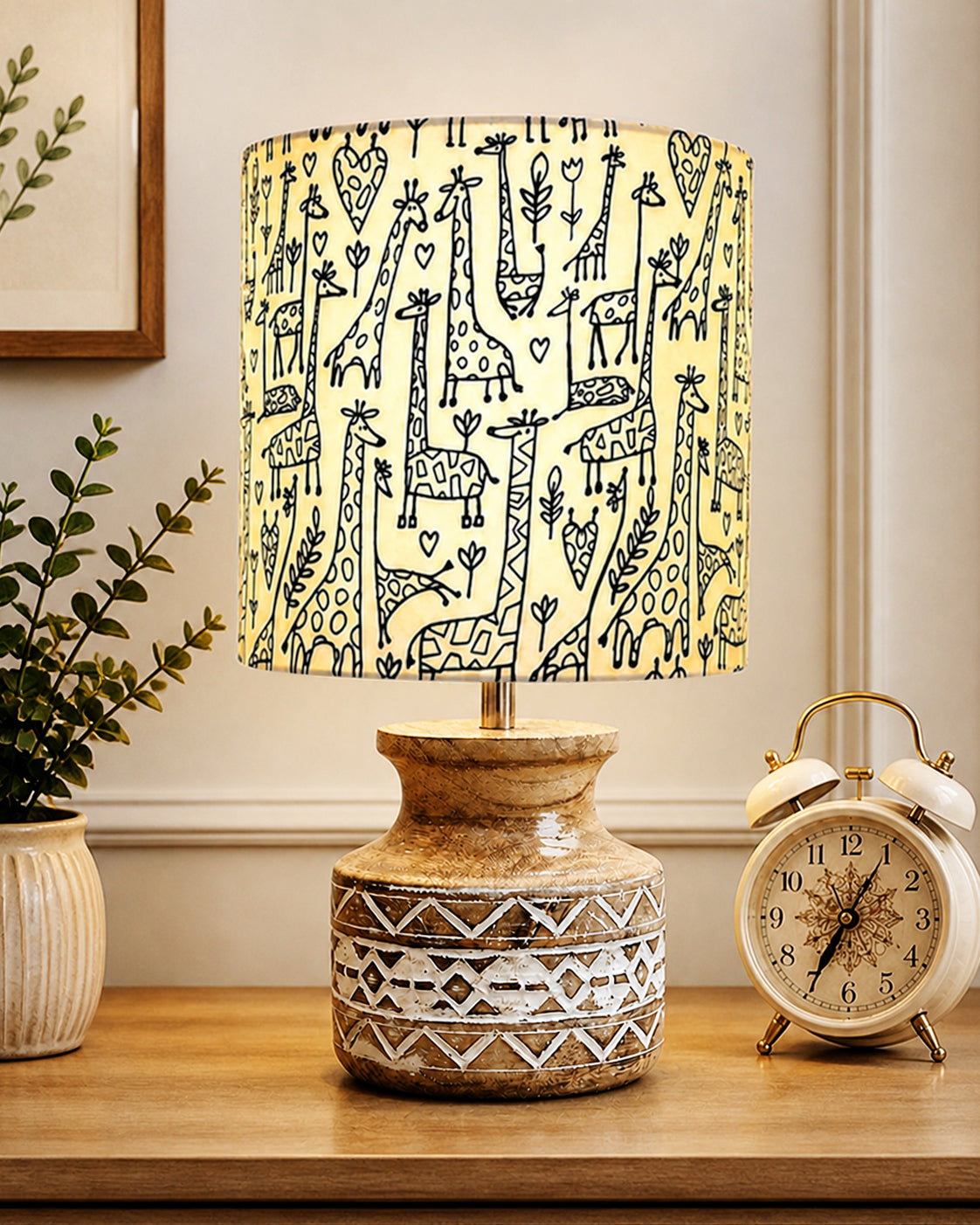 Wood Table Lamp, Modern Base Fabric Lampshade for Home Office Cafe Restaurant, Whitewash Pot