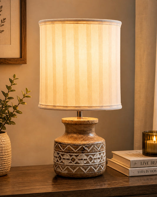 Wood Table Lamp, Modern Base Fabric Lampshade for Home Office Cafe Restaurant, Whitewash Pot