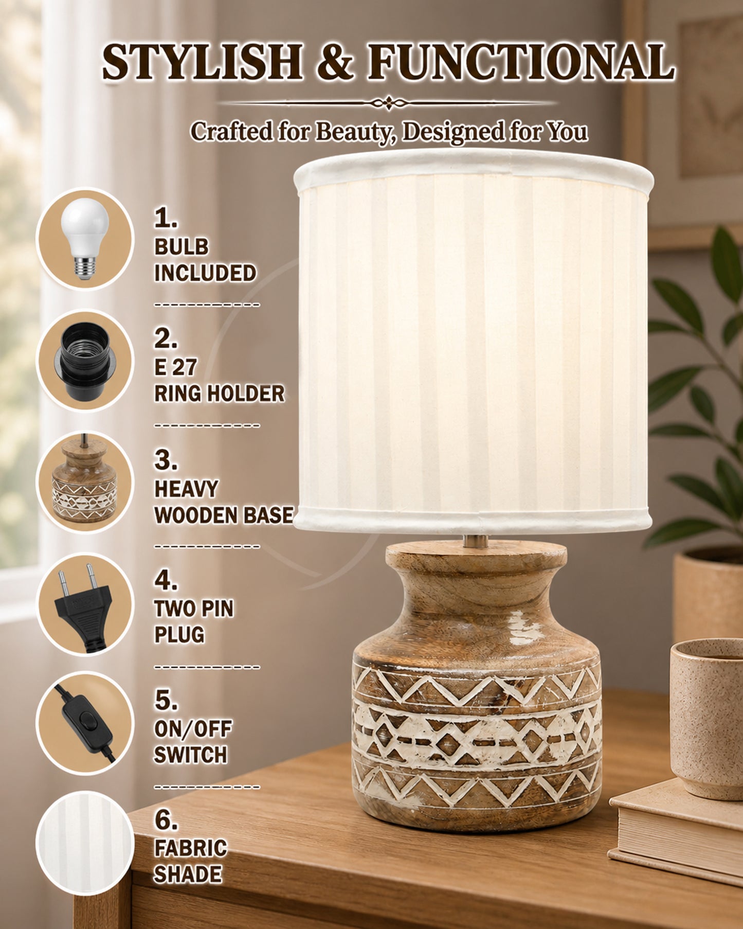 Wood Table Lamp, Modern Base Fabric Lampshade for Home Office Cafe Restaurant, Whitewash Pot