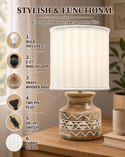 Wood Table Lamp, Modern Base Fabric Lampshade for Home Office Cafe Restaurant, Whitewash Pot