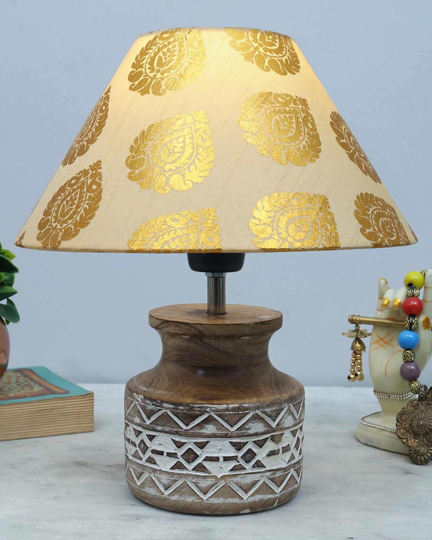 Wood Table Lamp, Modern Base Fabric Lampshade for Home Office Cafe Restaurant, Whitewash Pot