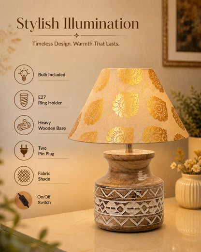 Wood Table Lamp, Modern Base Fabric Lampshade for Home Office Cafe Restaurant, Whitewash Pot