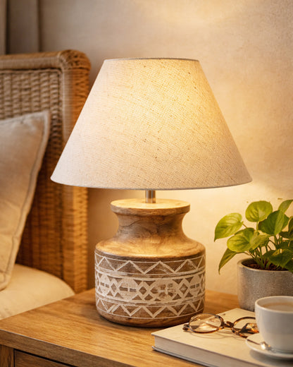 Wood Table Lamp, Modern Base Fabric Lampshade for Home Office Cafe Restaurant, Carved Pot, White Jute