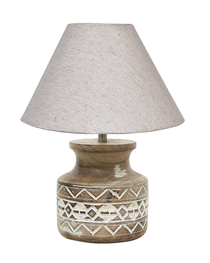 Wood Table Lamp, Modern Base Fabric Lampshade for Home Office Cafe Restaurant, Carved Pot, White Jute