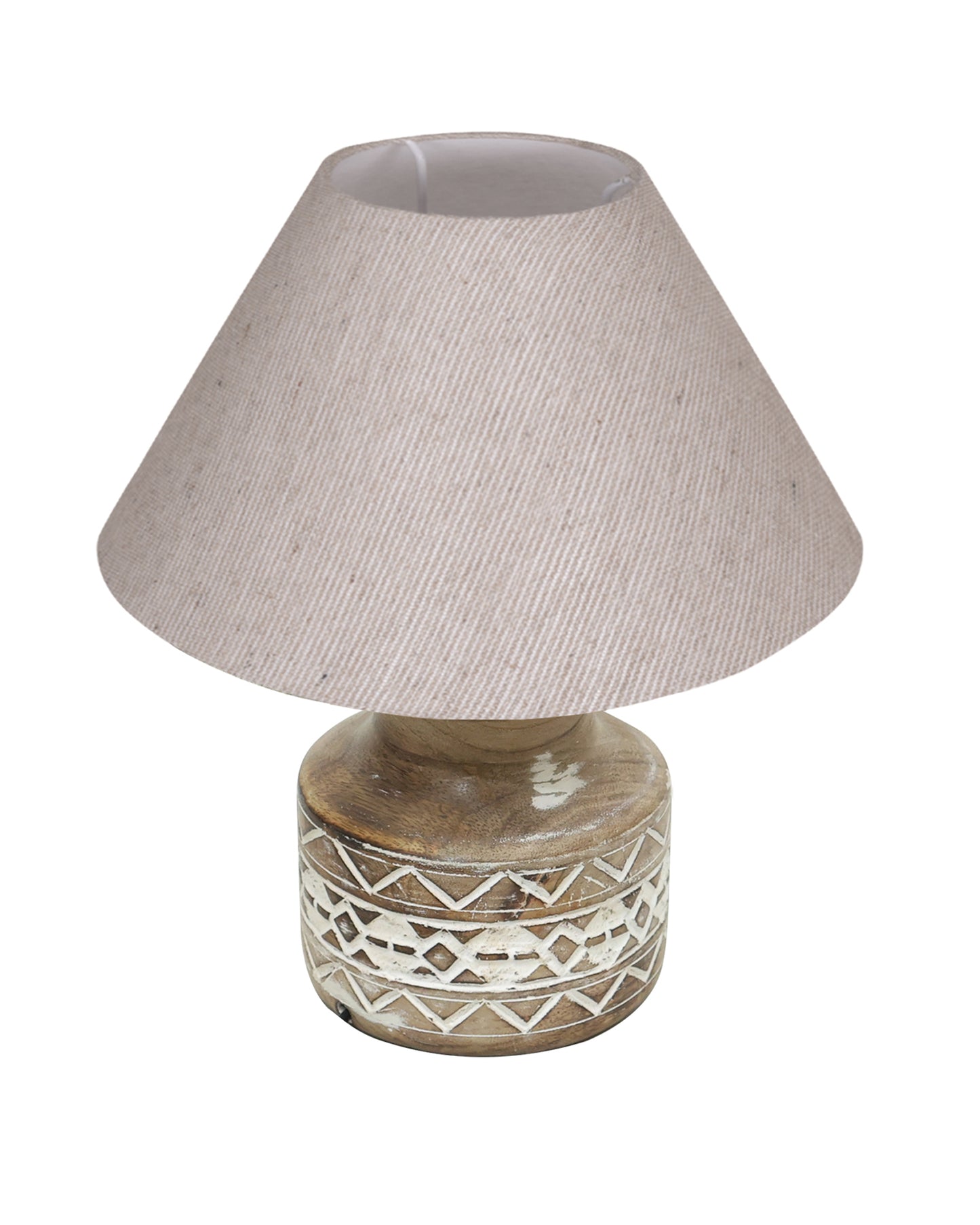 Wood Table Lamp, Modern Base Fabric Lampshade for Home Office Cafe Restaurant, Carved Pot, White Jute