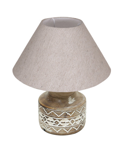 Wood Table Lamp, Modern Base Fabric Lampshade for Home Office Cafe Restaurant, Carved Pot, White Jute