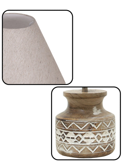 Wood Table Lamp, Modern Base Fabric Lampshade for Home Office Cafe Restaurant, Carved Pot, White Jute