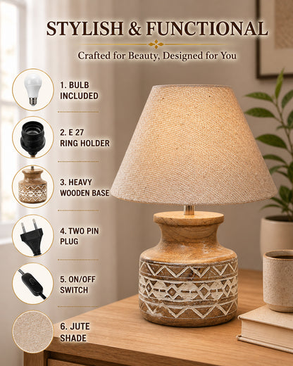 Wood Table Lamp, Modern Base Fabric Lampshade for Home Office Cafe Restaurant, Carved Pot, White Jute