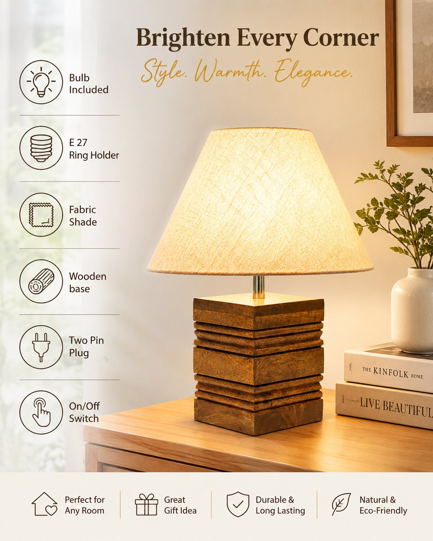 Wood Table Lamp, Modern Base Fabric Lampshade for Home Office Cafe Restaurant, Rib Cube