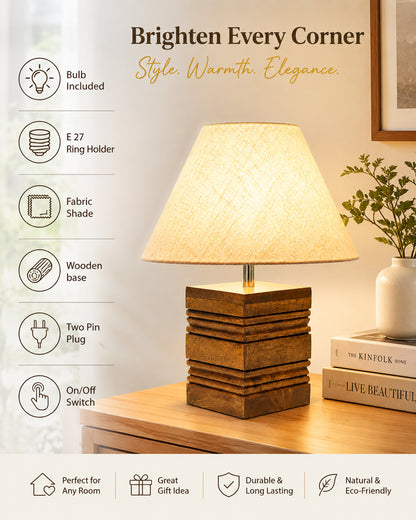 Wood Table Lamp, Modern Base Fabric Lampshade for Home Office Cafe Restaurant, Rib Cube