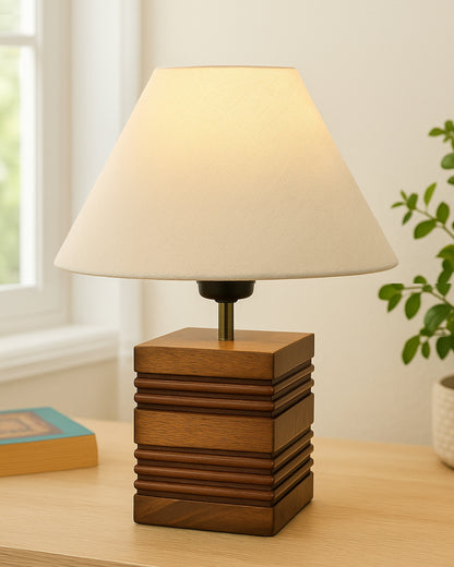 Wood Table Lamp, Modern Base Fabric Lampshade for Home Office Cafe Restaurant, Rib Cube