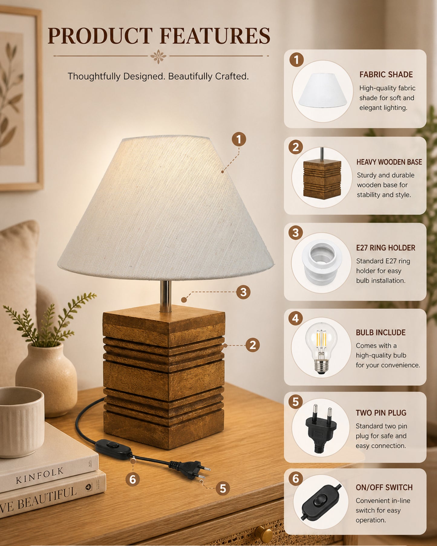 Wood Table Lamp, Modern Base Fabric Lampshade for Home Office Cafe Restaurant, Rib Cube