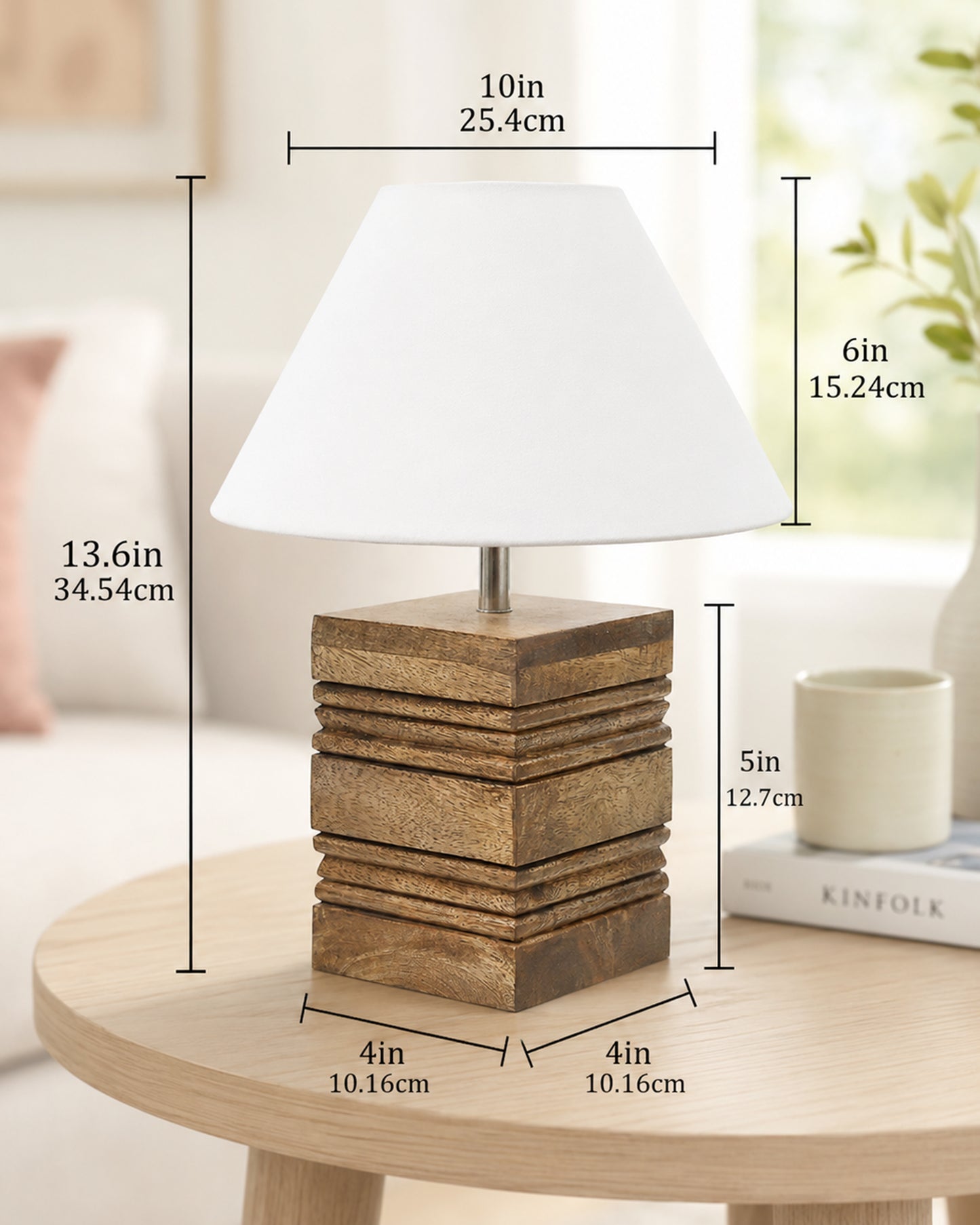 Wood Table Lamp, Modern Base Fabric Lampshade for Home Office Cafe Restaurant, Rib Cube
