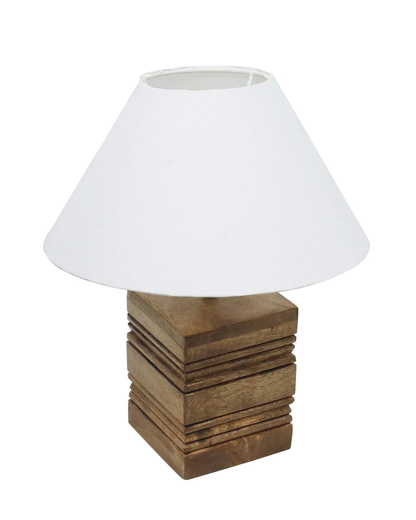 Wood Table Lamp, Modern Base Fabric Lampshade for Home Office Cafe Restaurant, Rib Cube