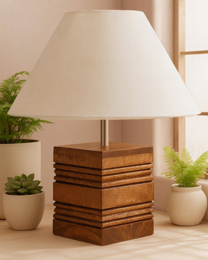 Wood Table Lamp, Modern Base Fabric Lampshade for Home Office Cafe Restaurant, Rib Cube