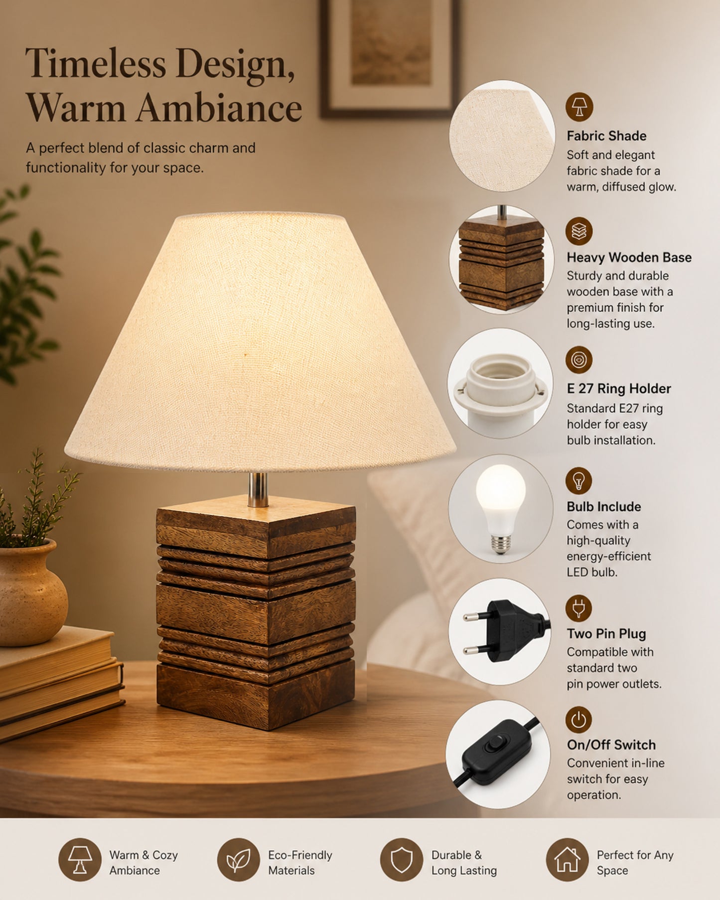 Wood Table Lamp, Modern Base Fabric Lampshade for Home Office Cafe Restaurant, Rib Cube