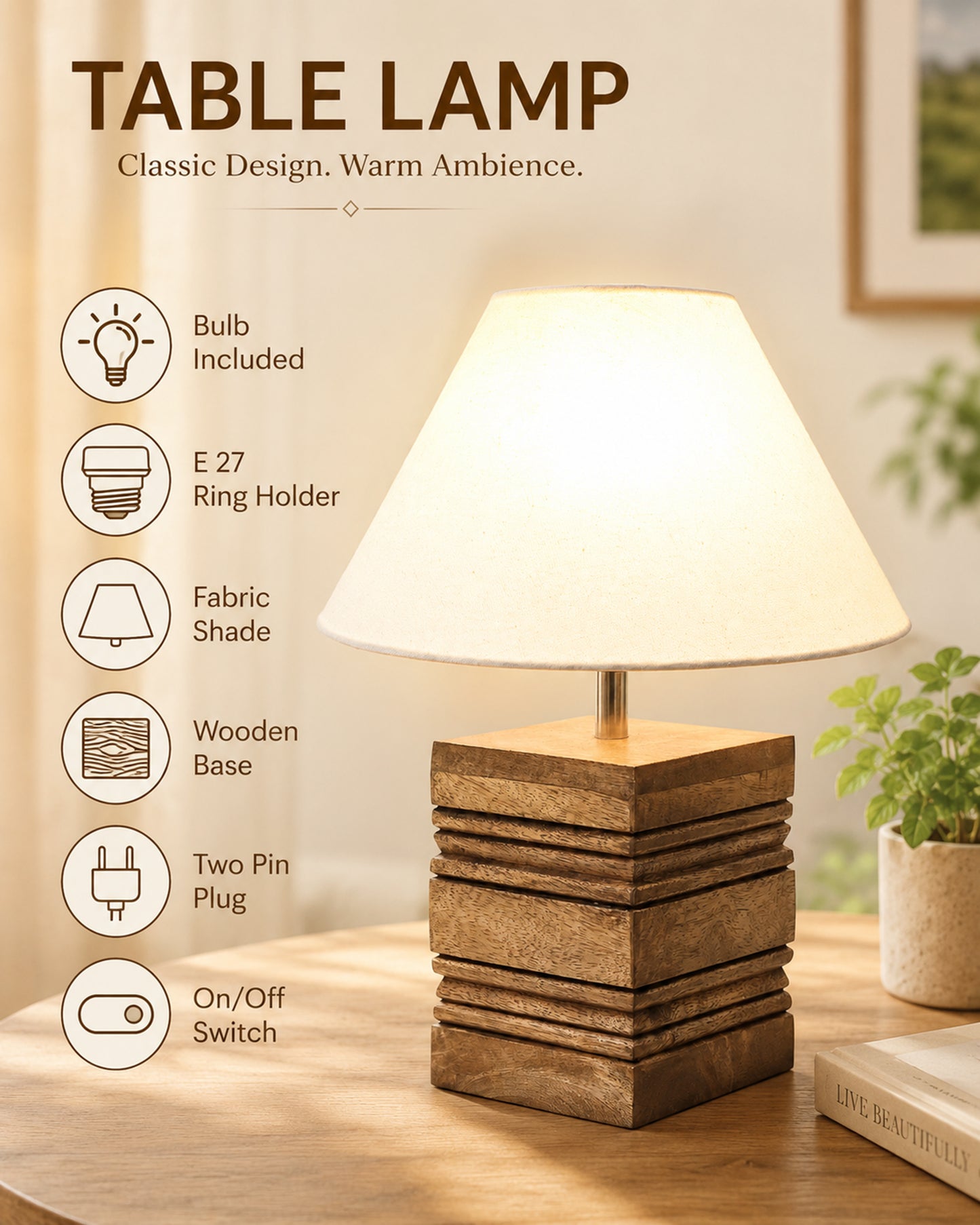 Wood Table Lamp, Modern Base Fabric Lampshade for Home Office Cafe Restaurant, Rib Cube